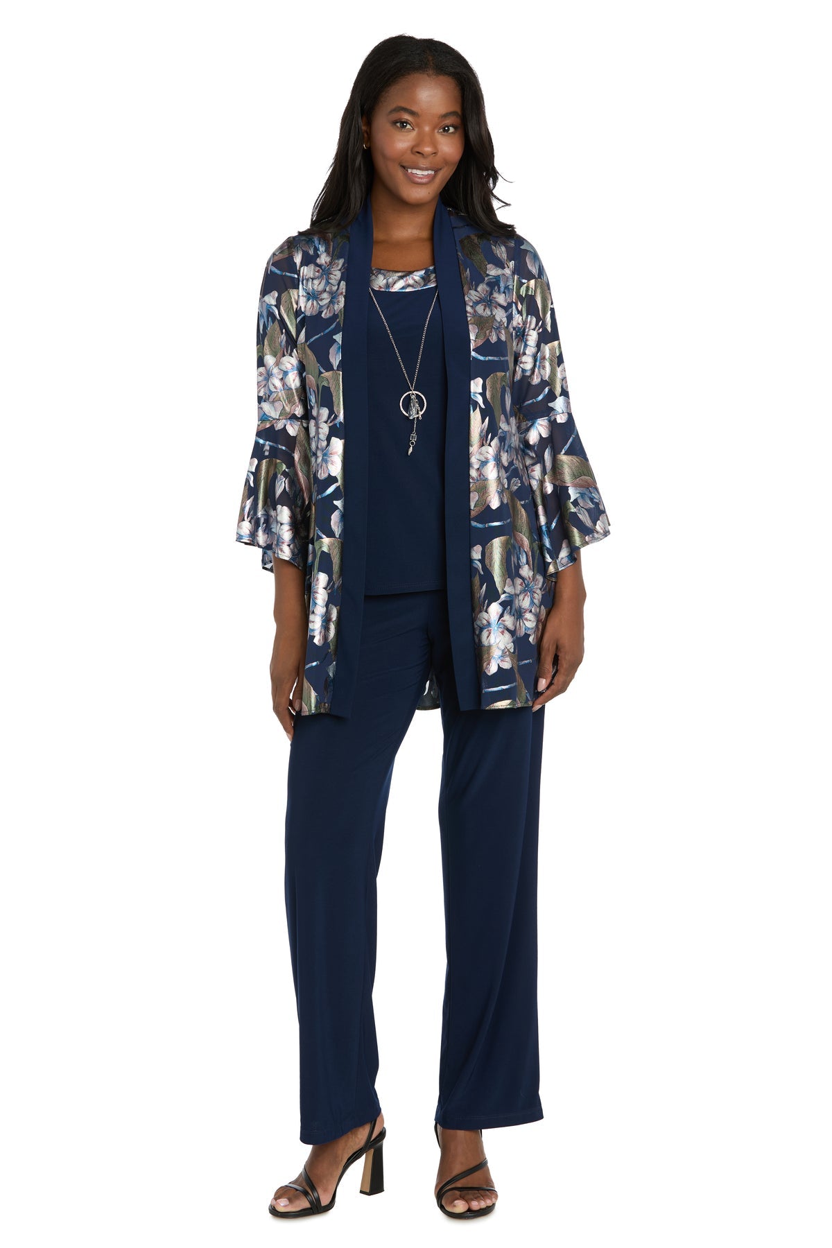 Shawl Collar Long Floral Pantsuit by R&M Richards 3850 in Navy/Rose