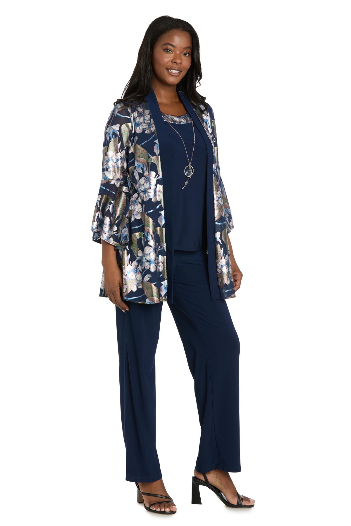 Shawl Collar Long Floral Pantsuit by R&M Richards 3850 in Navy/Rose