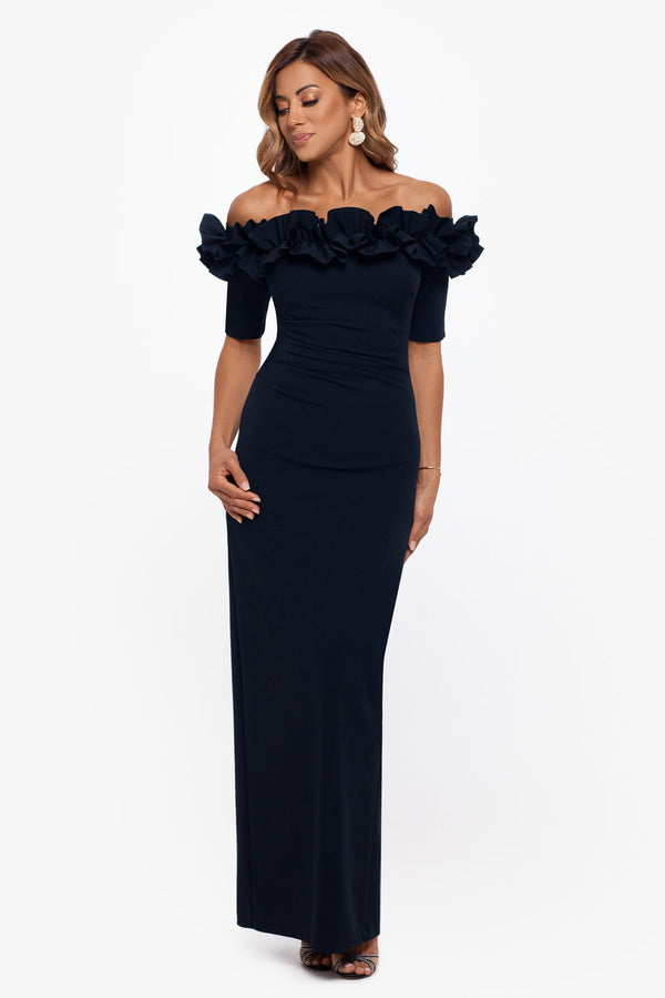 Xscape 3856XP Off-the-Shoulder Floor-Length Crepe Formal Ruffle Gown