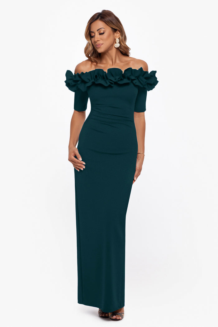 Pine Xscape 3856XP Off-the-Shoulder Floor-Length Crepe Formal Ruffle Gown