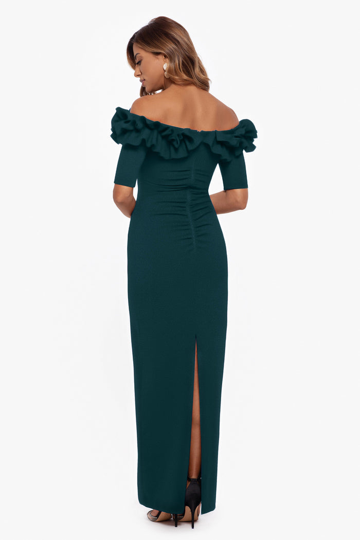 Pine Xscape 3856XP Off-the-Shoulder Floor-Length Crepe Formal Ruffle Gown