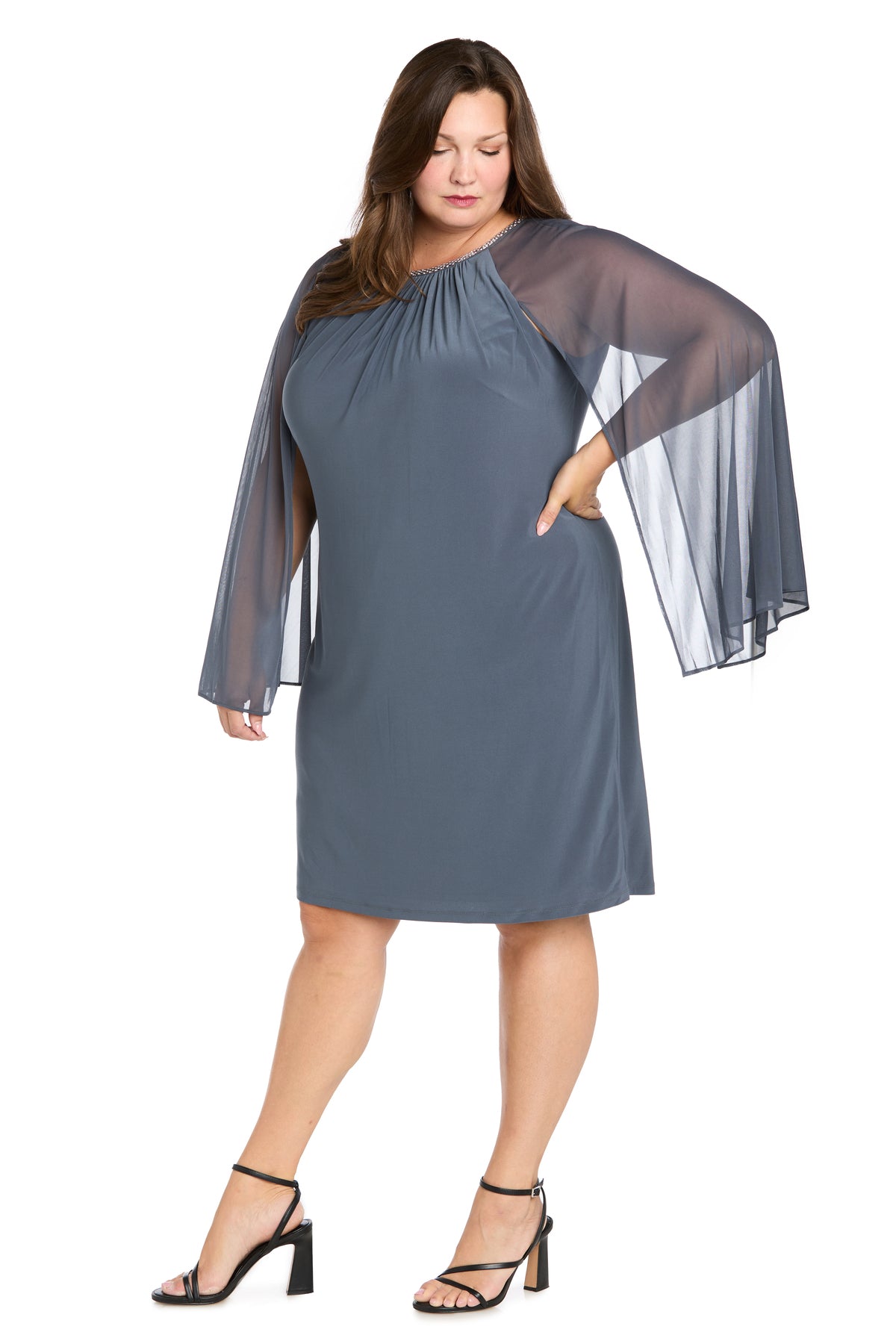 Plus Size Dresses Short Cocktail Cape Plus Size Dress R&M Richards 3857MW Steel