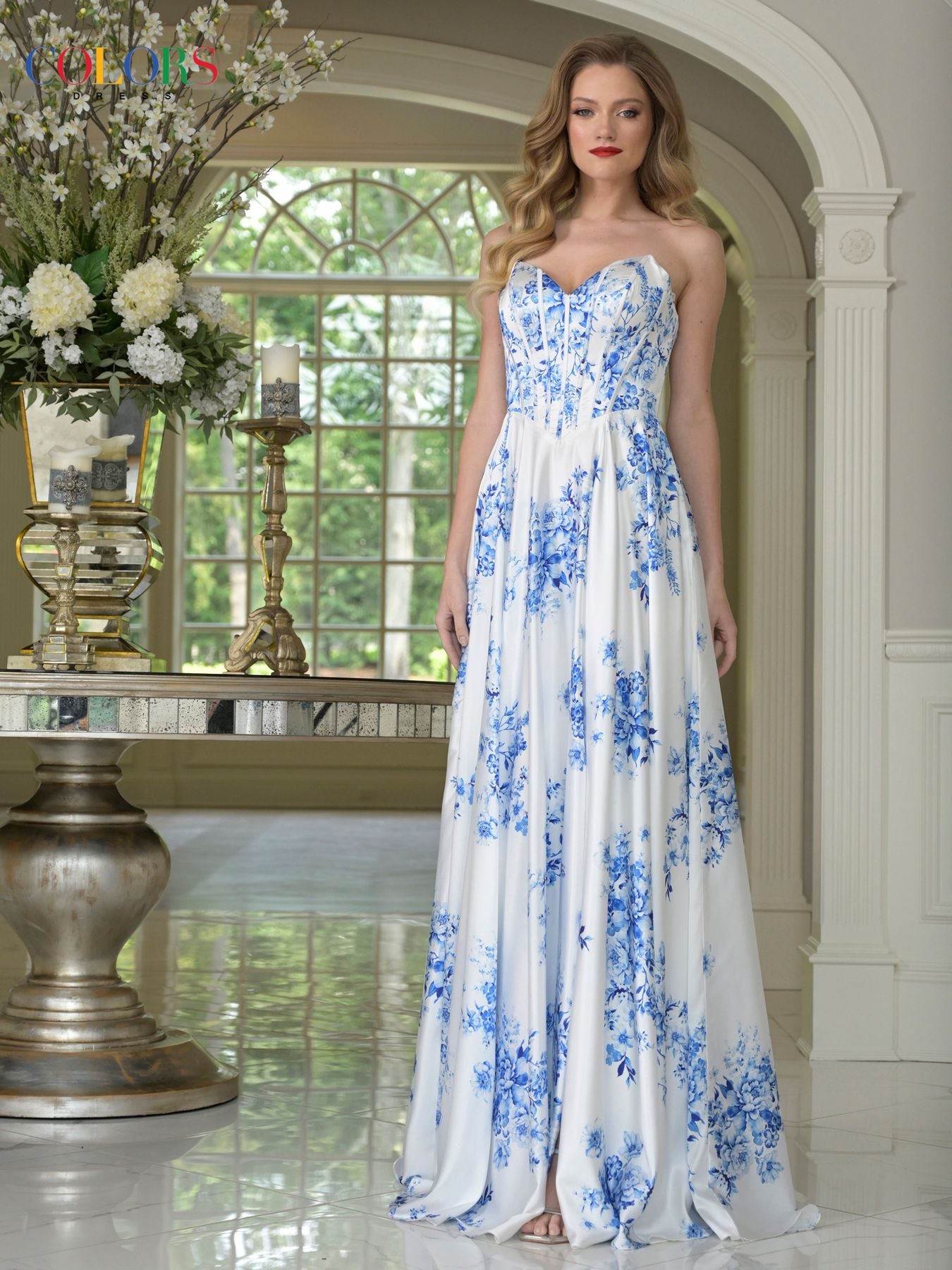 Prom Dresses Floral Print A Line Long Formal Prom Dress Blue