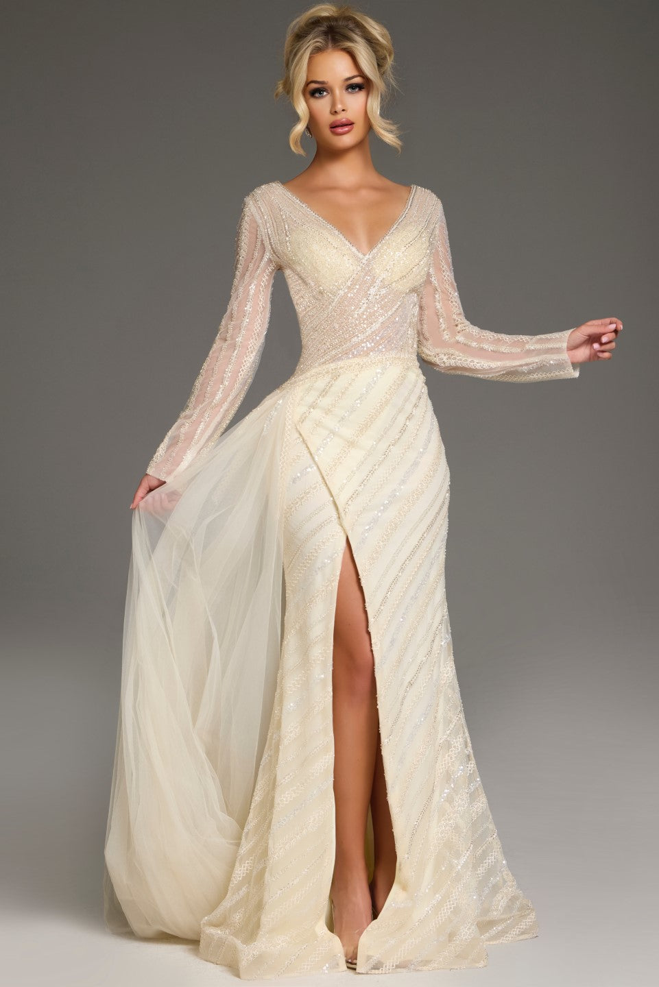 Formal Dresses Long Sleeve Beaded Formal Evening Dress Gold