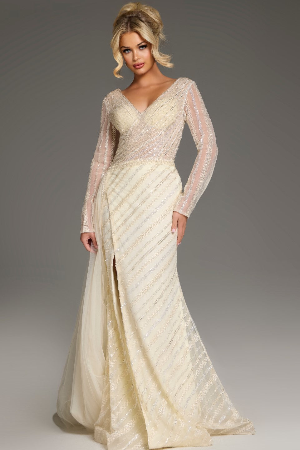 Formal Dresses Long Sleeve Beaded Formal Evening Dress Gold