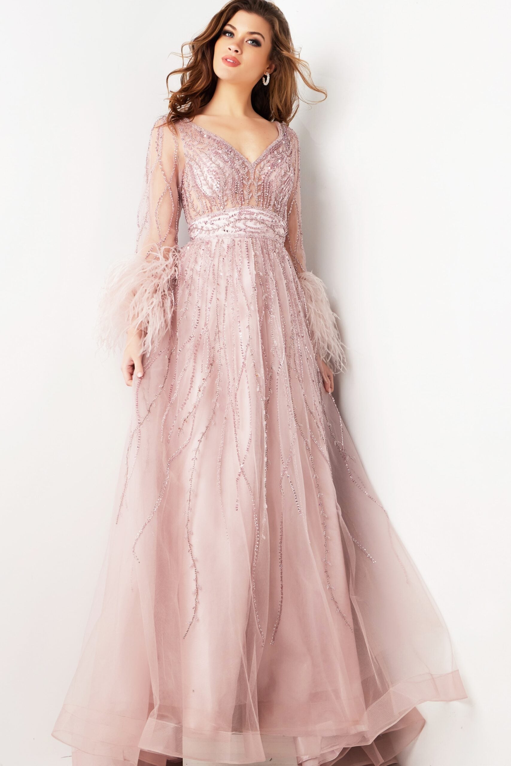 Jovani 38583 A Line Long Beaded Formal Evening Feather Dress