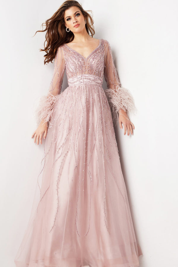Jovani 38583 A Line Long Beaded Formal Evening Feather Dress