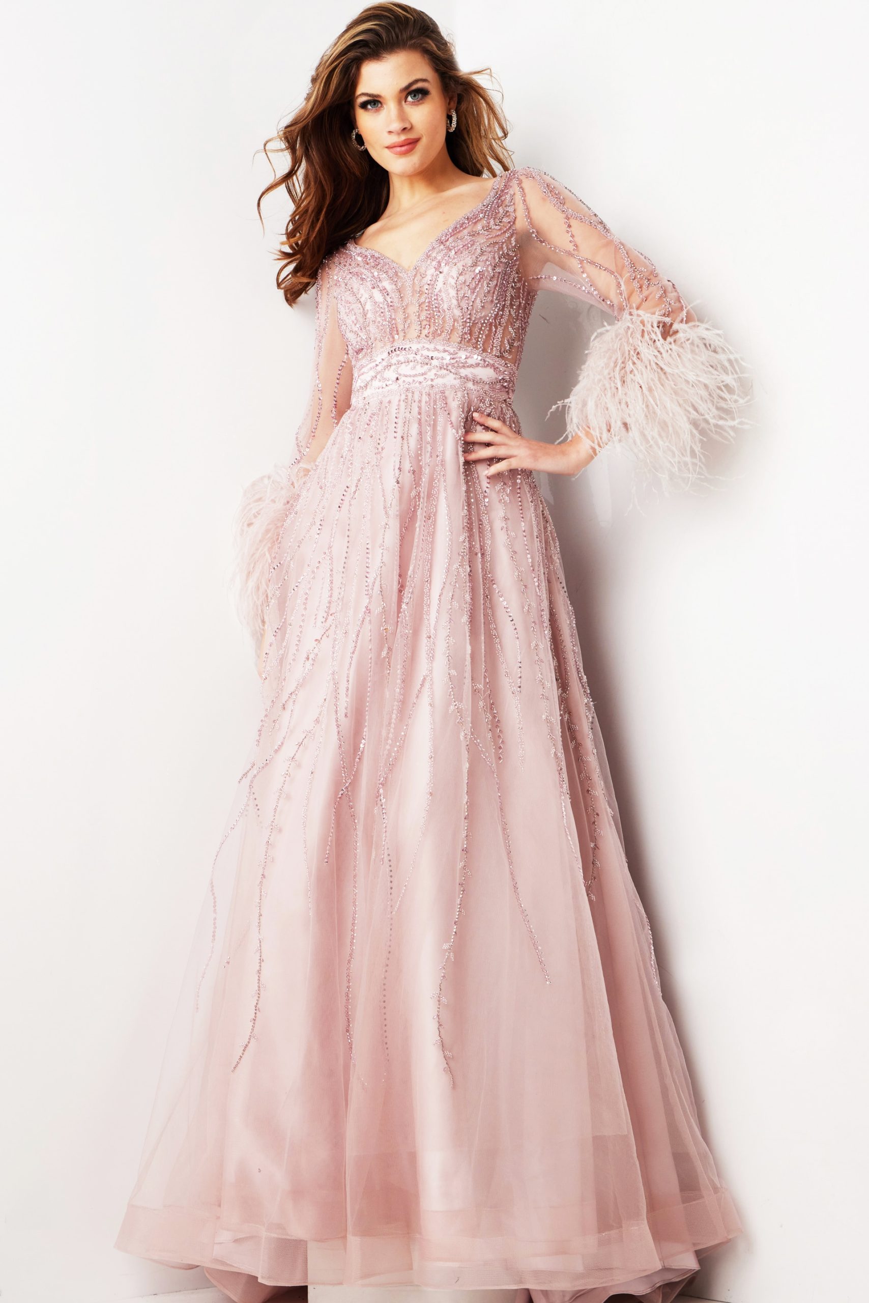 Jovani 38583 A Line Long Beaded Formal Evening Feather Dress