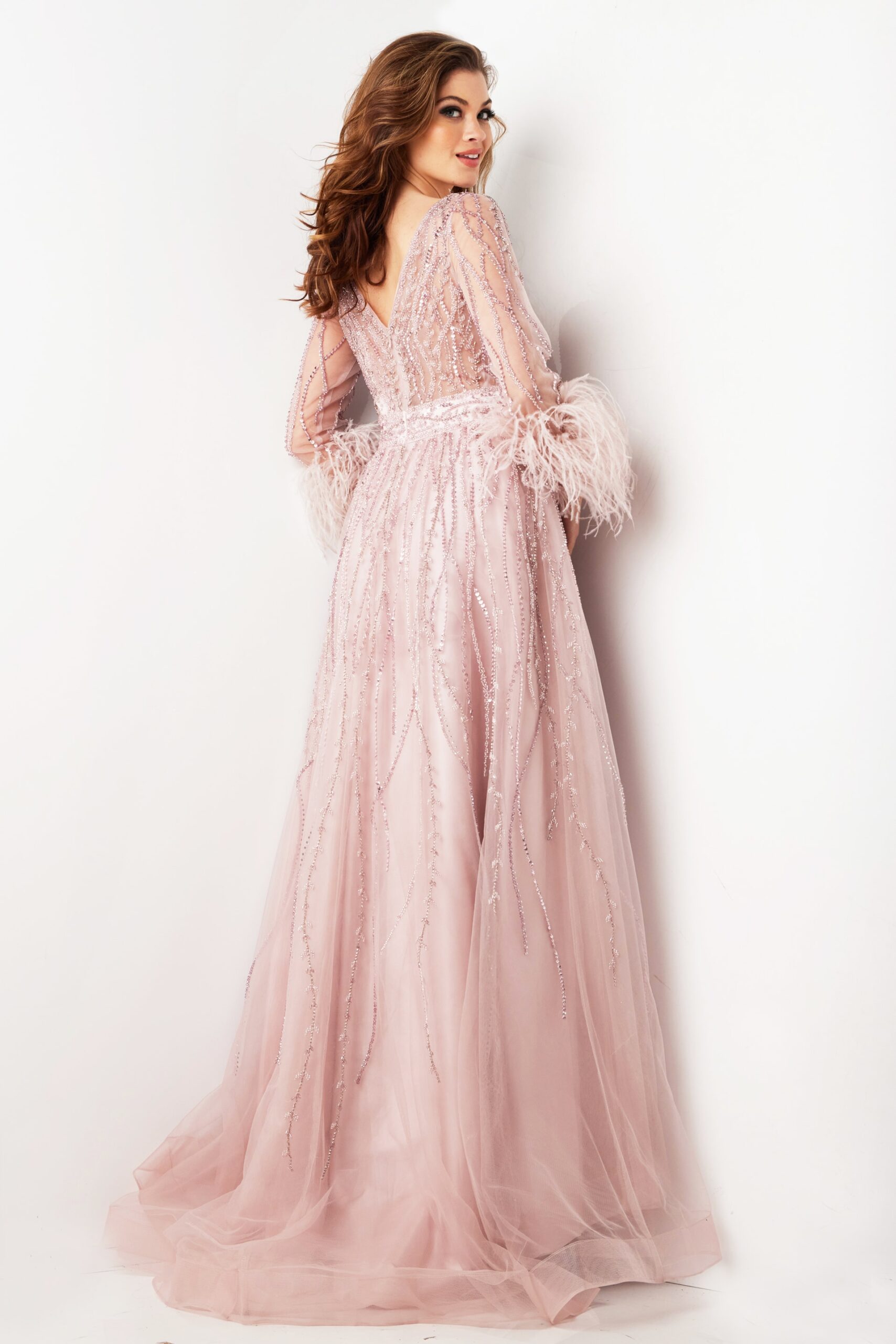 Jovani 38583 A Line Long Beaded Formal Evening Feather Dress