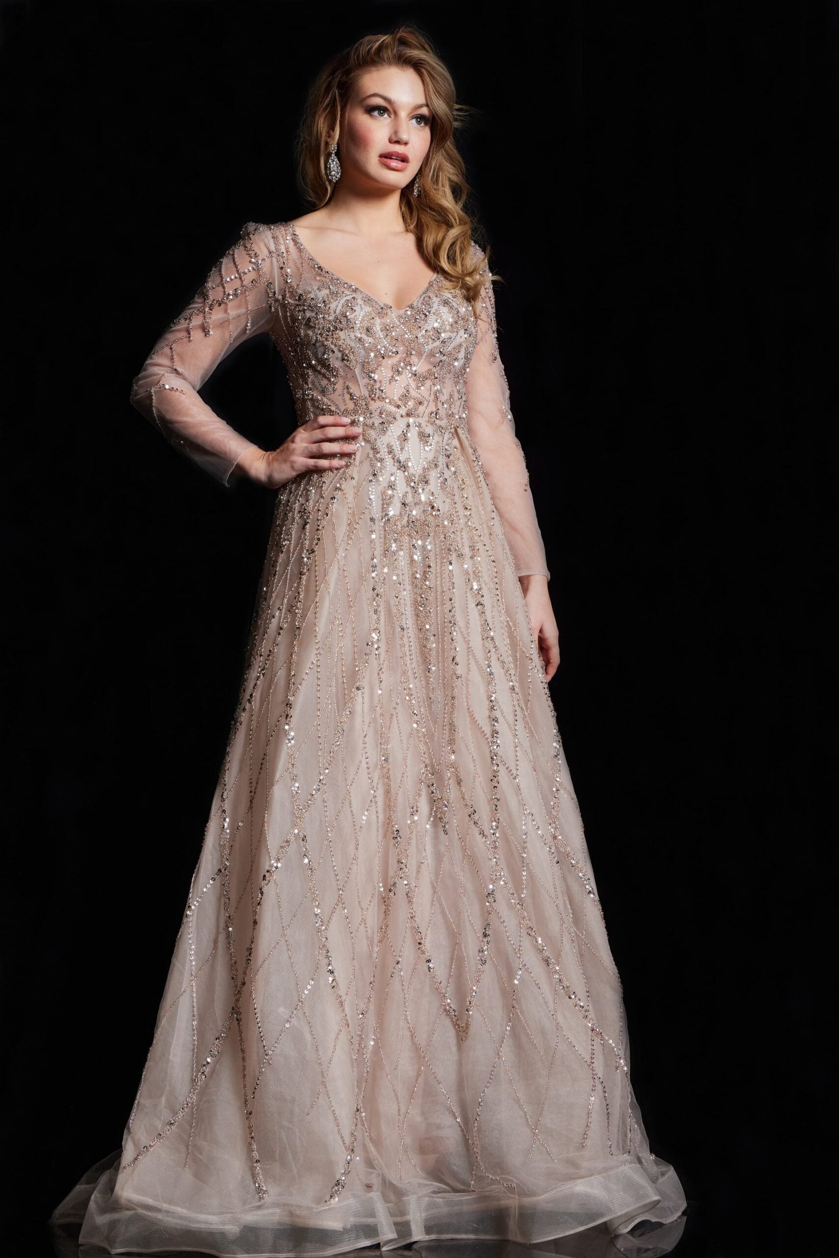 Formal Dresses Long Sleeve Beaded A Line Formal Dress Gold