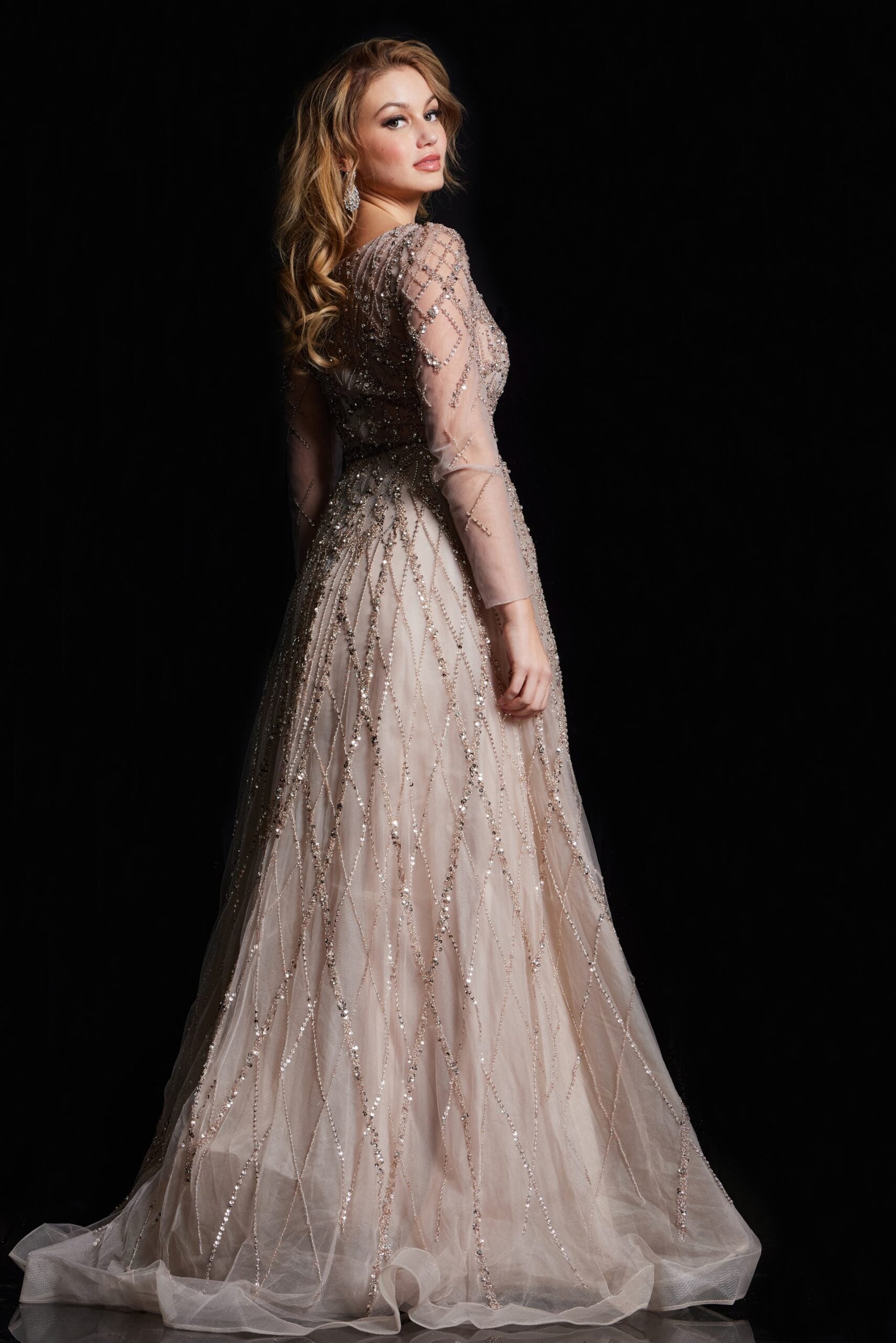 Formal Dresses Long Sleeve Beaded A Line Formal Dress Gold