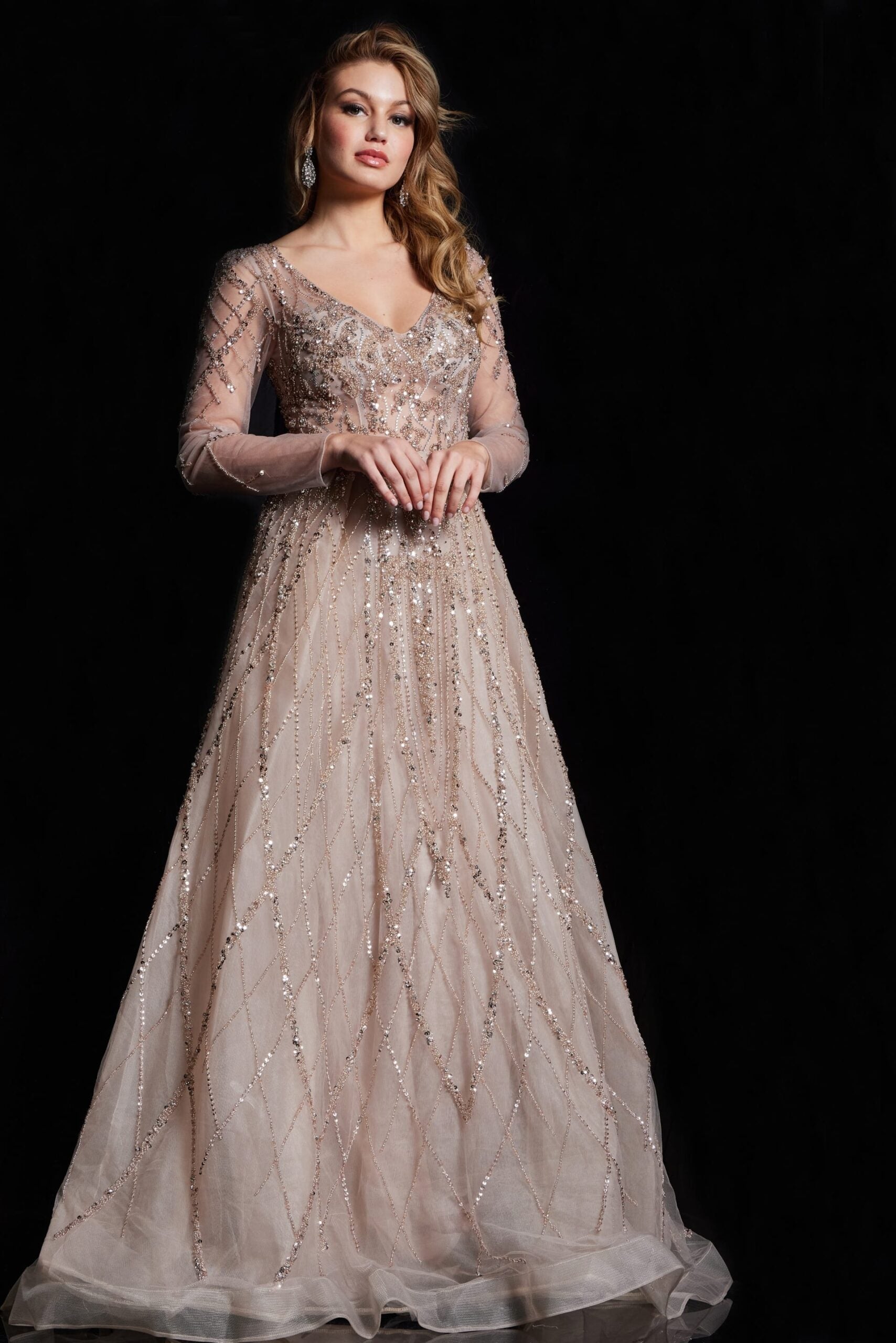 Jovani 38589 Long Sleeve Beaded A Line Formal Dress