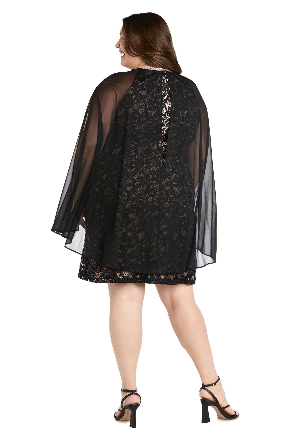 Plus Size Dresses Short Lace Cape Midi Cocktail Plus Size Dress R&M Richards 3864W Black/Nude