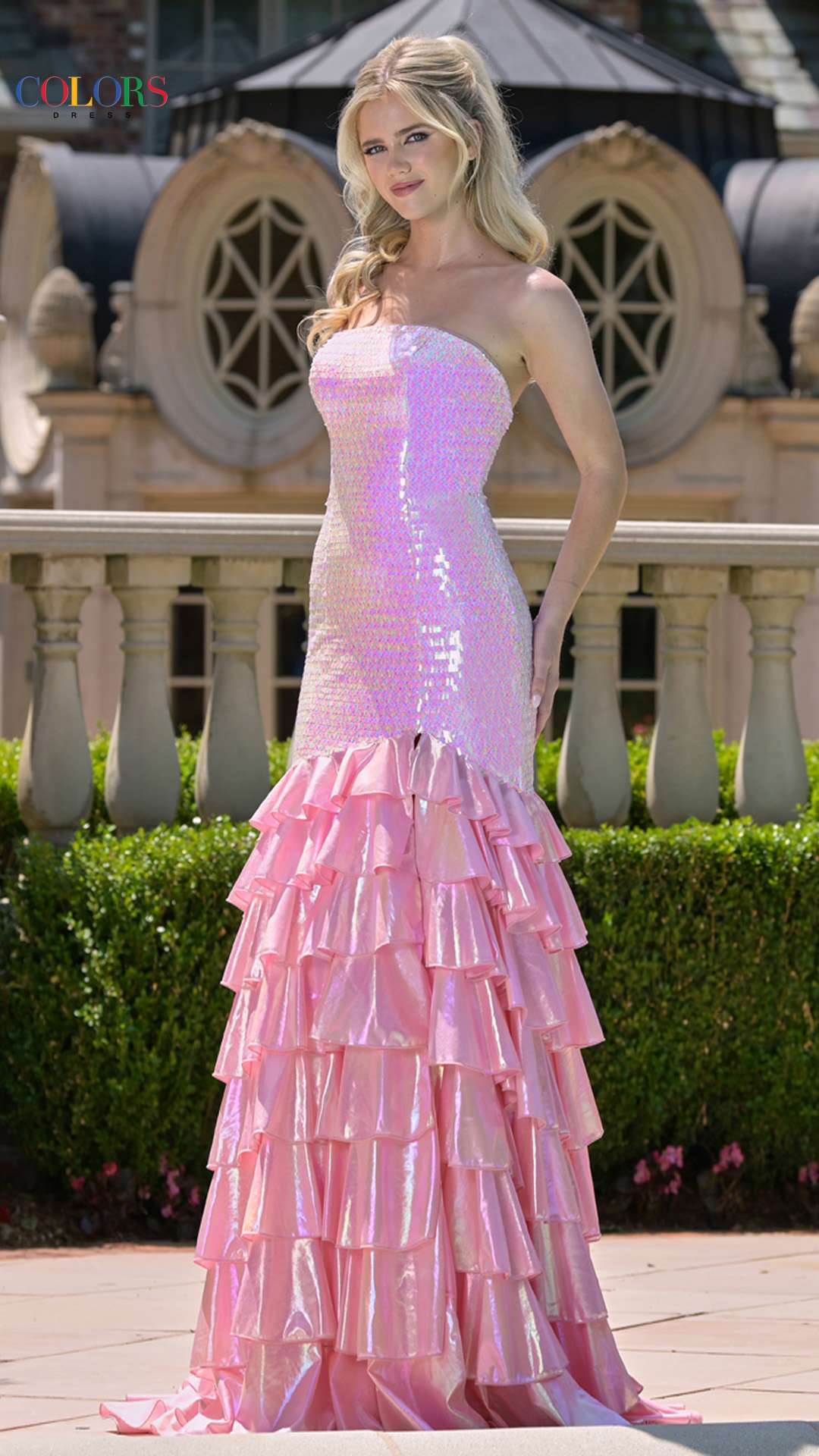Prom Dresses Fitted Long Formal Sequin Ruffle Prom Dress Pink