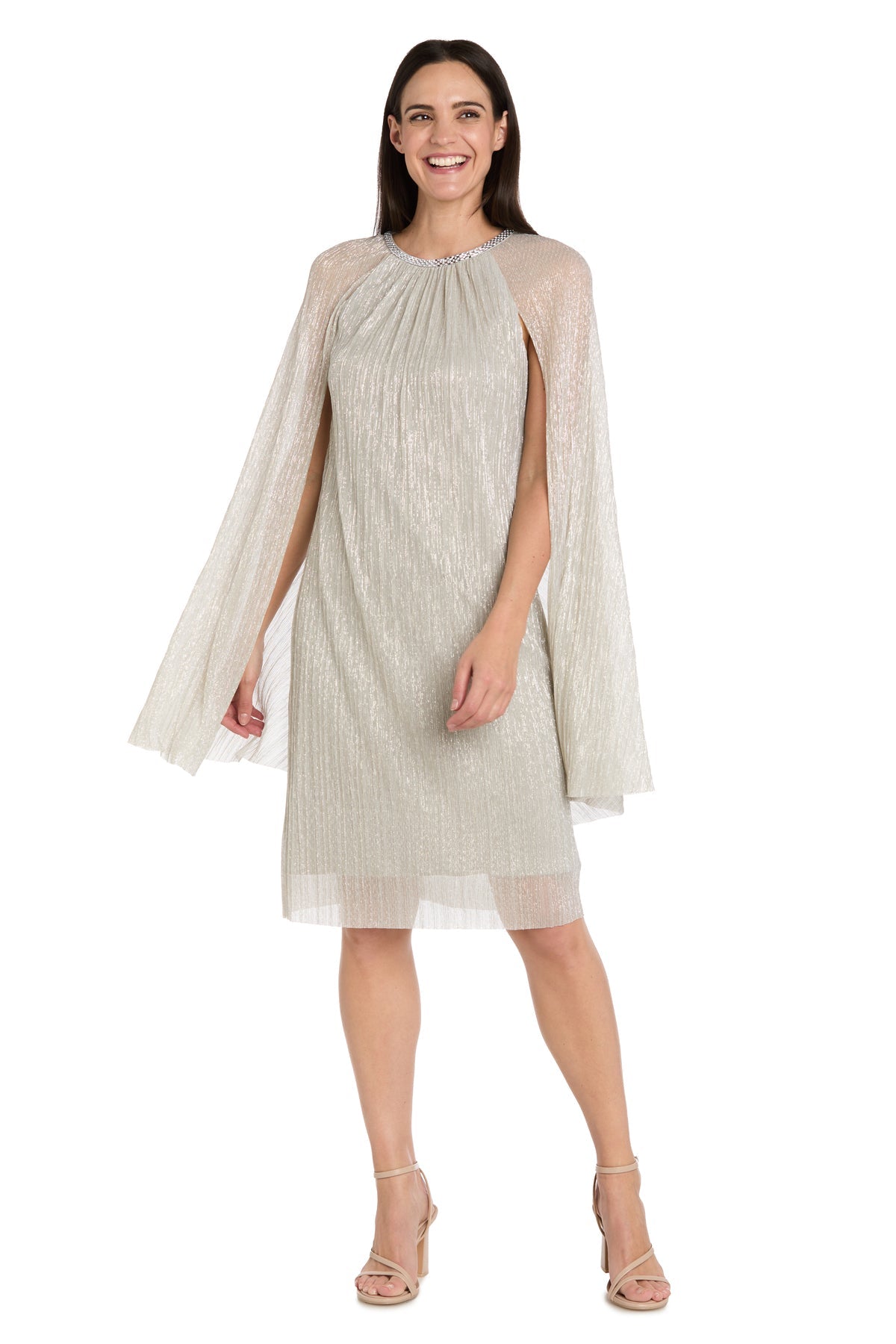 Jewel Neck Knee-Length Metallic Mesh Formal Sheath Dress with Cape R&M –  The Dress Outlet