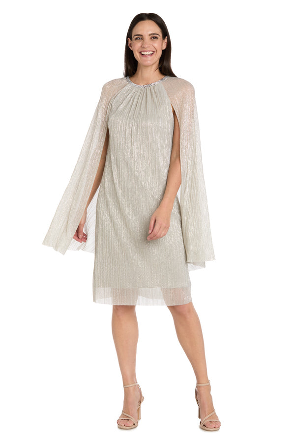 Jewel Neck Knee-Length Metallic Mesh Formal Sheath Dress with Cape R&M Richards 3867P