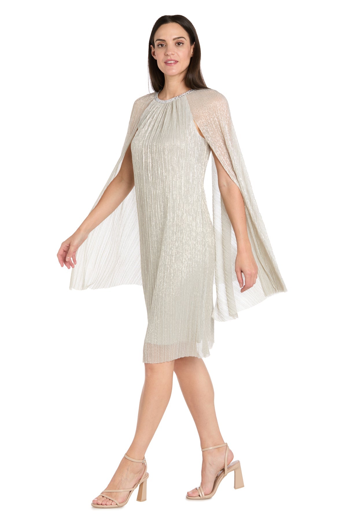 Jewel Neck Knee-Length Metallic Mesh Formal Sheath Dress with Cape - R&M Richards 3867P