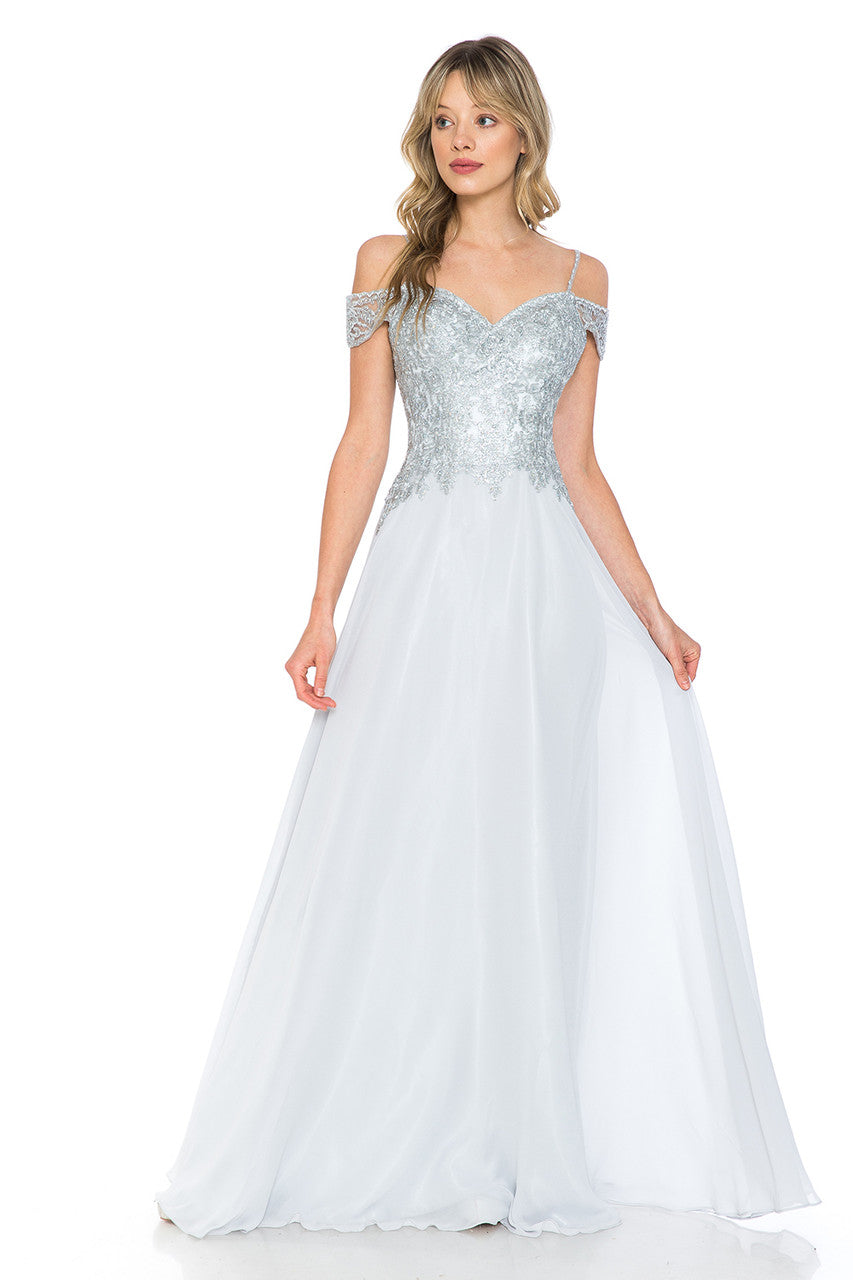 Prom Dresses Formal Metallic Long Prom Dress Lenovia 8132 Silver