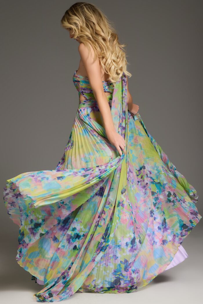 Jovani 38688 Floral Long Pleated Formal Prom Dress