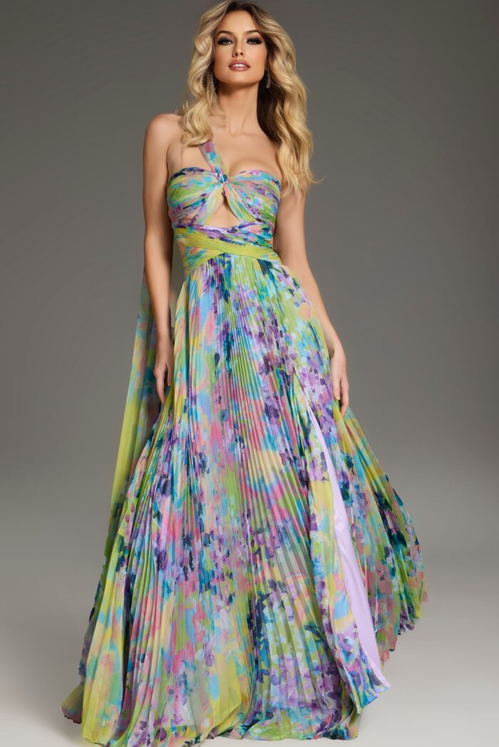 Jovani 38688 Floral Long Pleated Formal Prom Dress