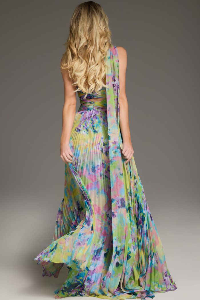 Jovani 38688 Floral Long Pleated Formal Prom Dress