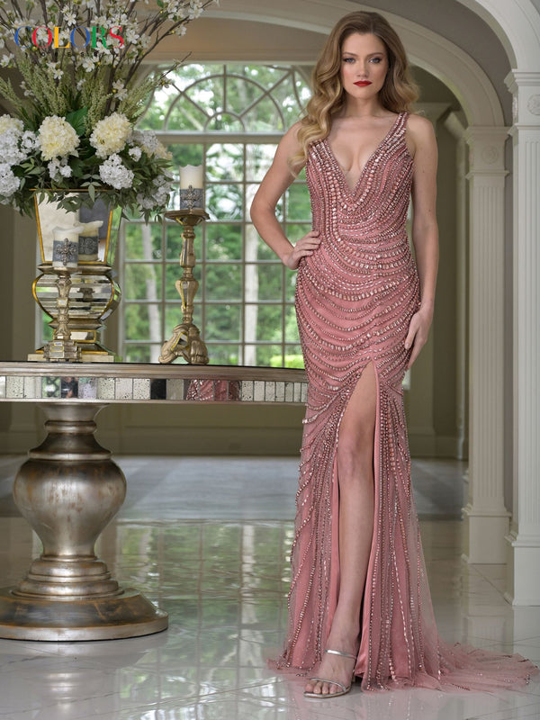 Colors 3868 Sequin Beaded Long Formal Prom Dress