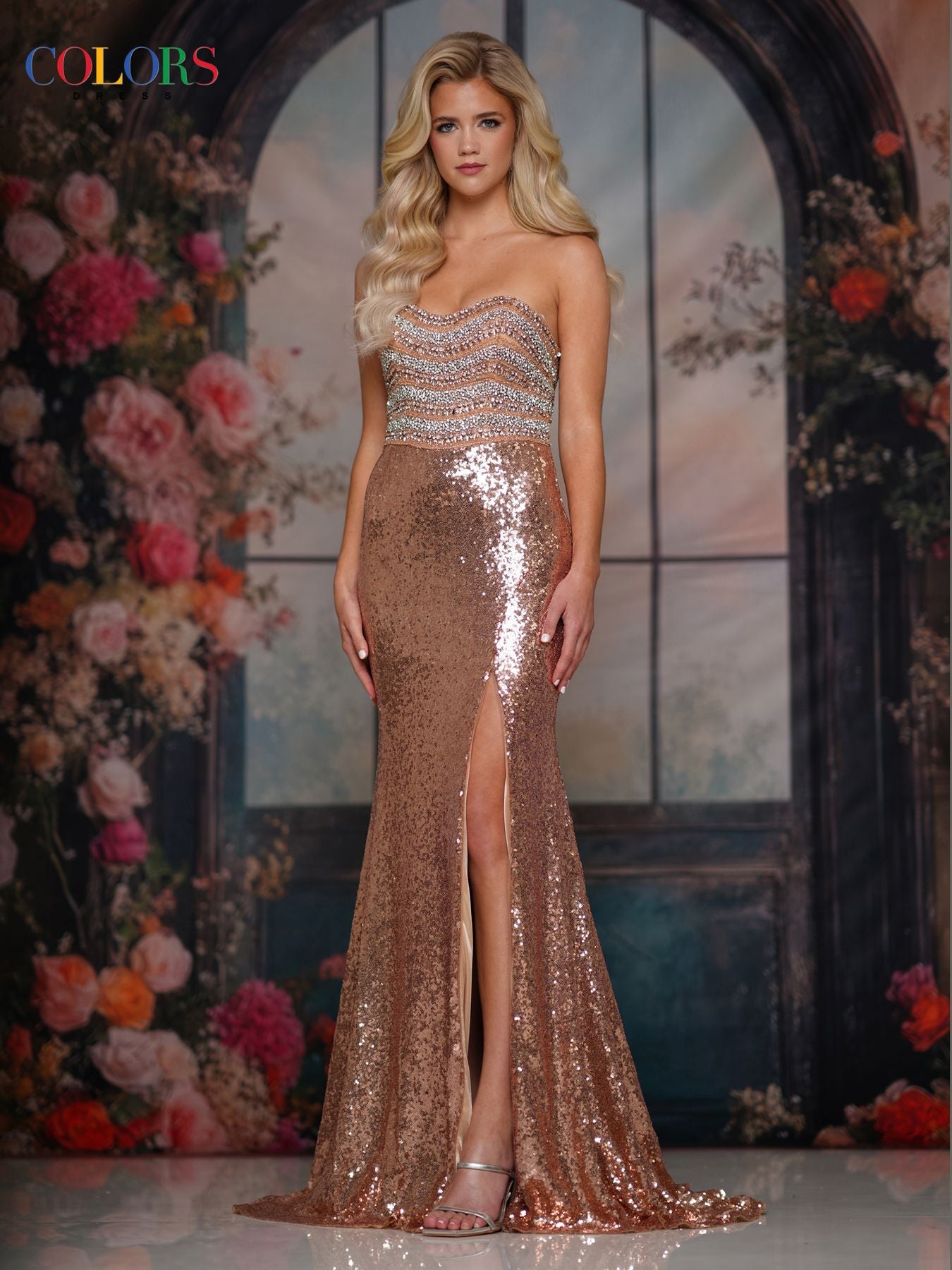 Prom Dresses Long Formal Beaded Fitted Sequin Prom Dress Rose Gold