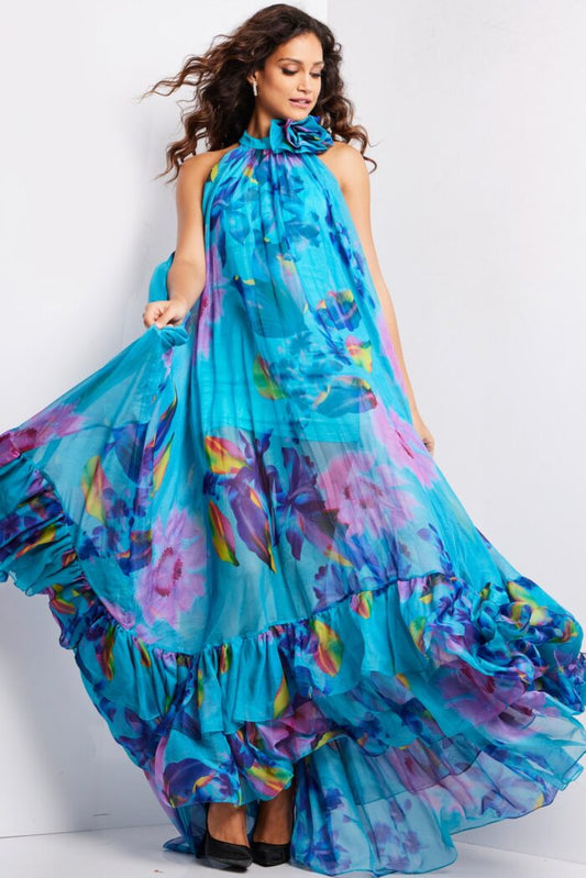 Prom Dresses Long Printed A Line Ruffle Formal Prom Dress Print