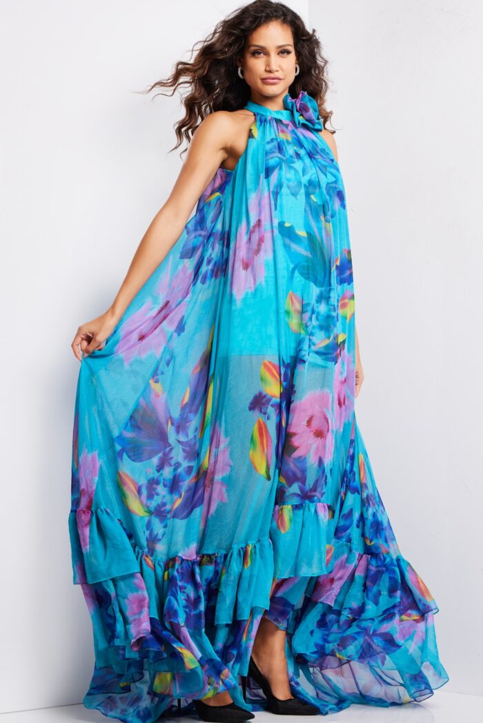 Prom Dresses Long Printed A Line Ruffle Formal Prom Dress Print