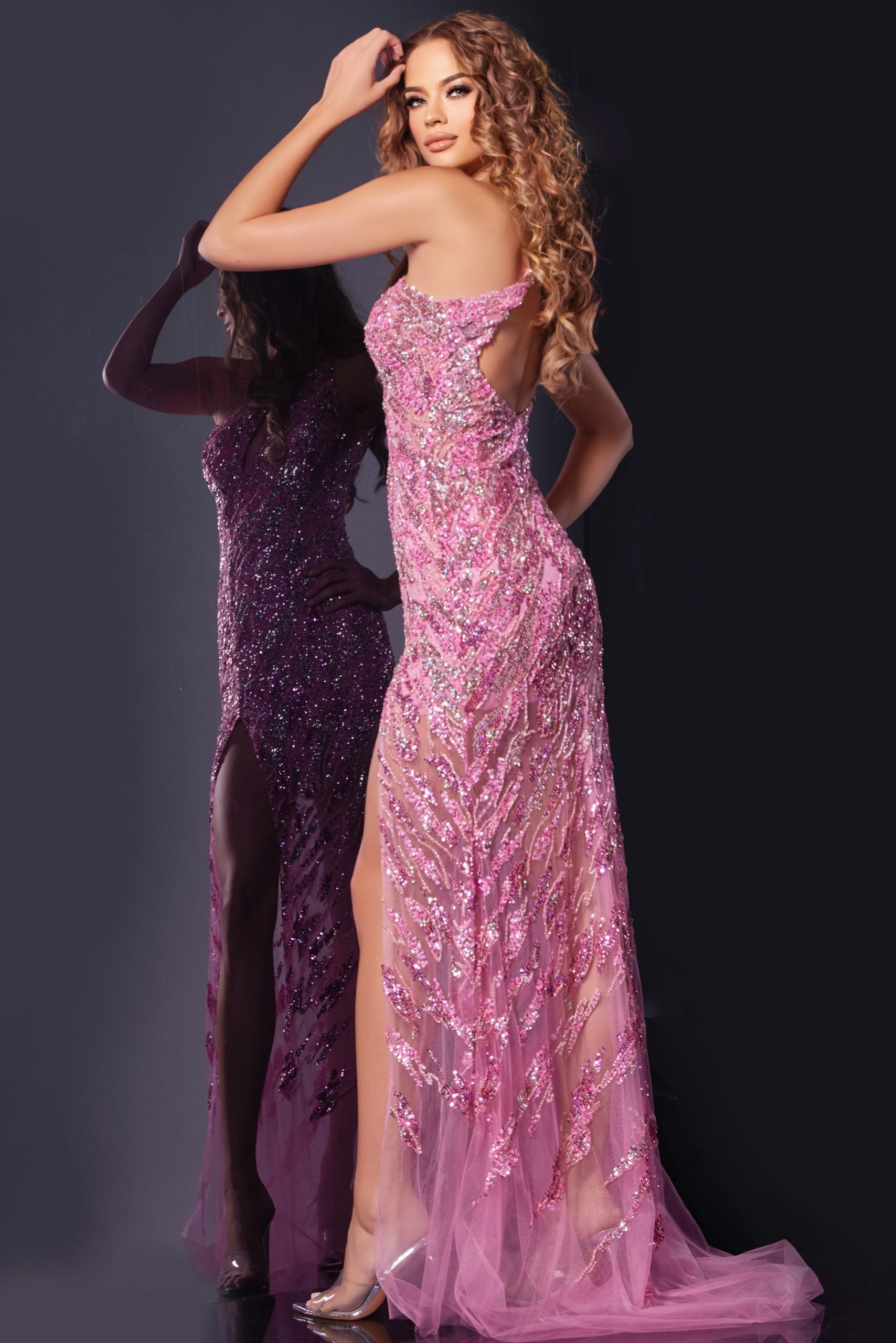 Prom Dresses Fitted Sequined Long Formal Slit Prom Dress Pink