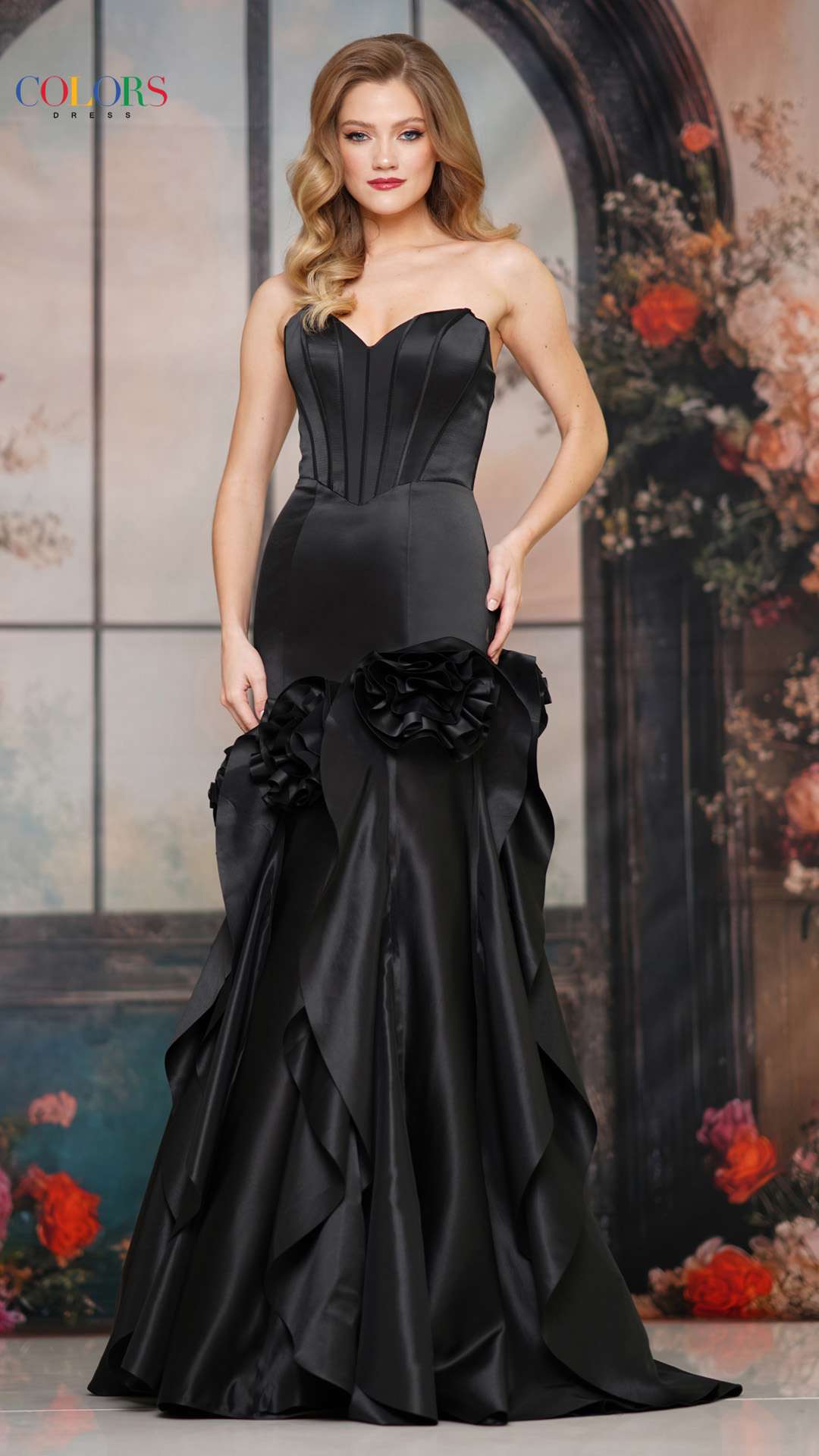 Prom Dresses 3D Floral Ruffle Long Prom Formal Dress Black