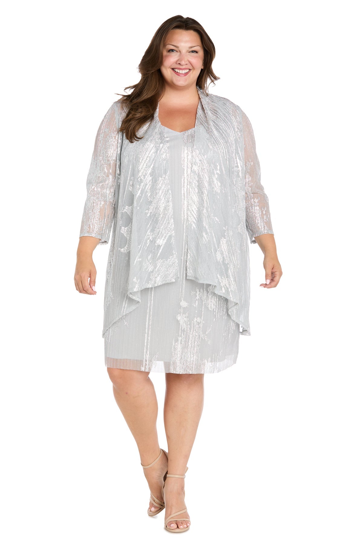 V-Neck Short Shimmer Cocktail Dress by R&M Richards 3880RW in Silver
