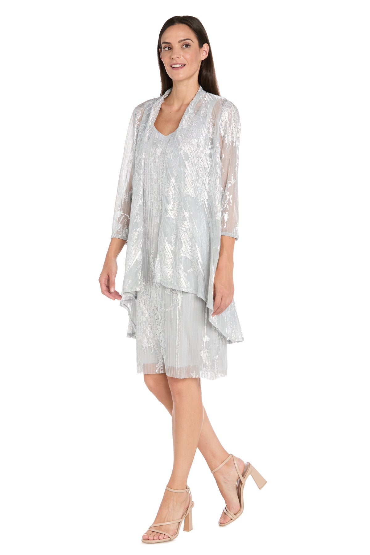 Scoop Neck Knee-Length Metallic Cocktail Dress by R&M Richards 3880R in Silver