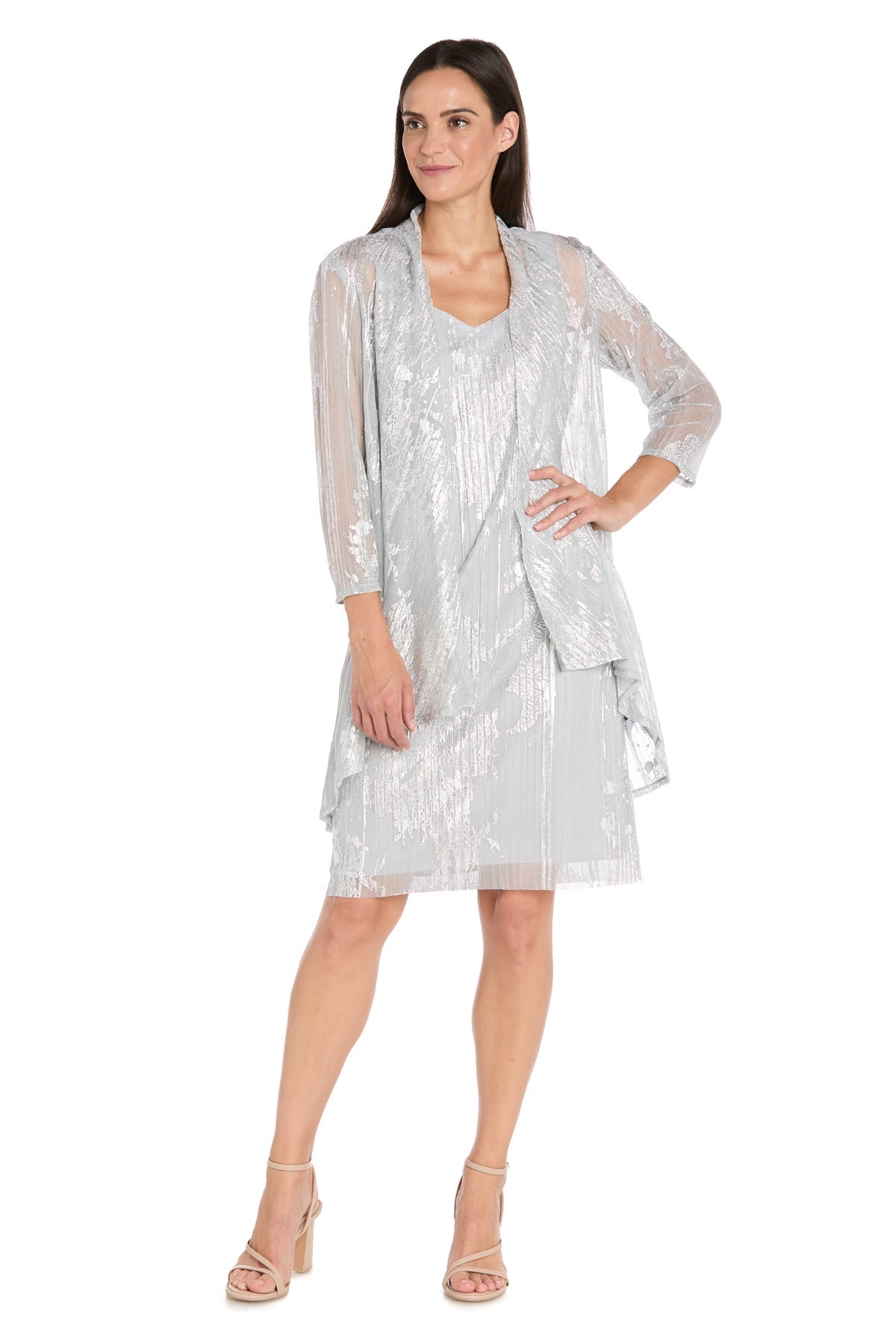 Scoop Neck Knee-Length Metallic Cocktail Dress by R&M Richards 3880R in Silver