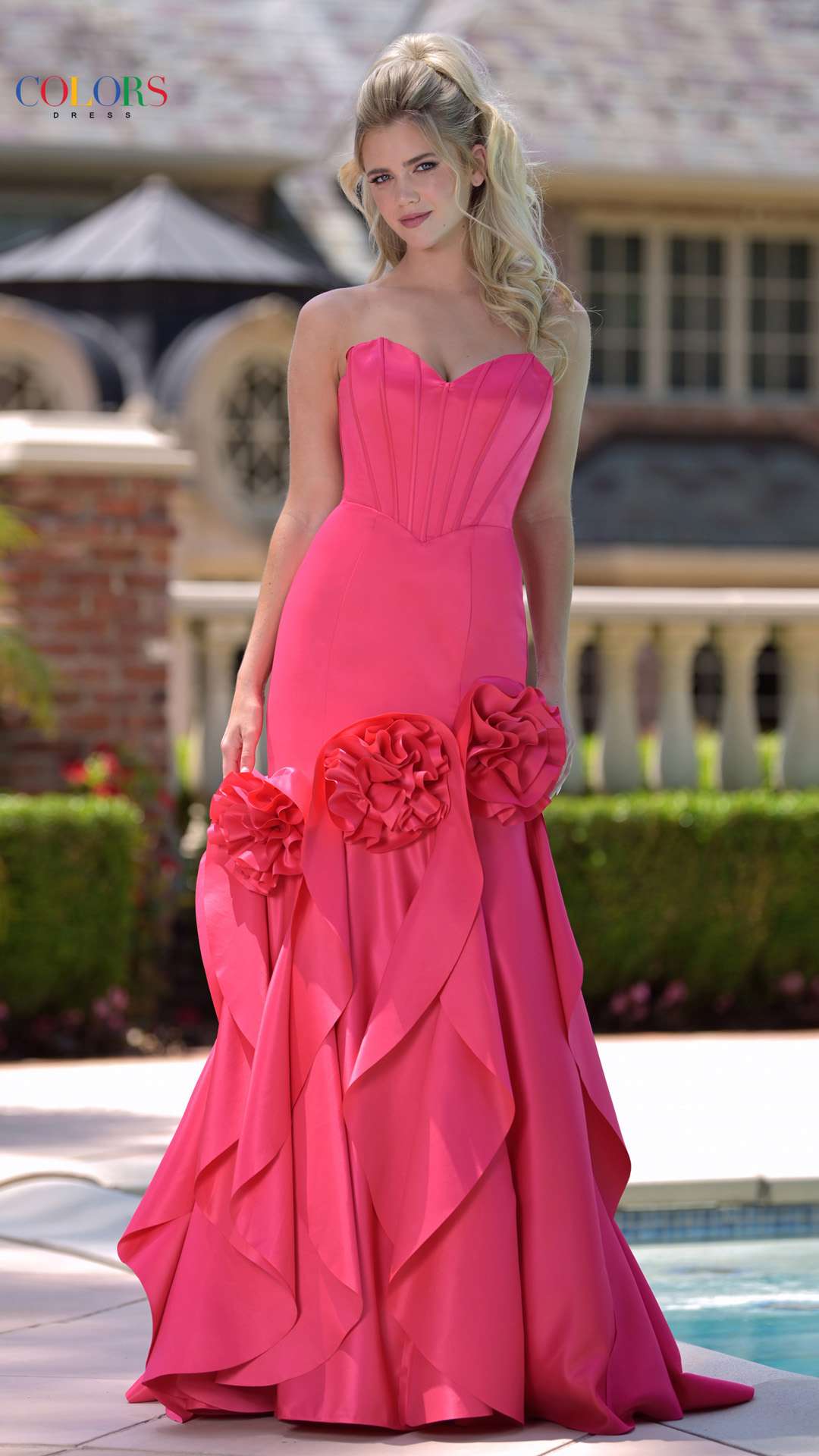 Prom Dresses 3D Floral Ruffle Long Prom Formal Dress Hot Pink