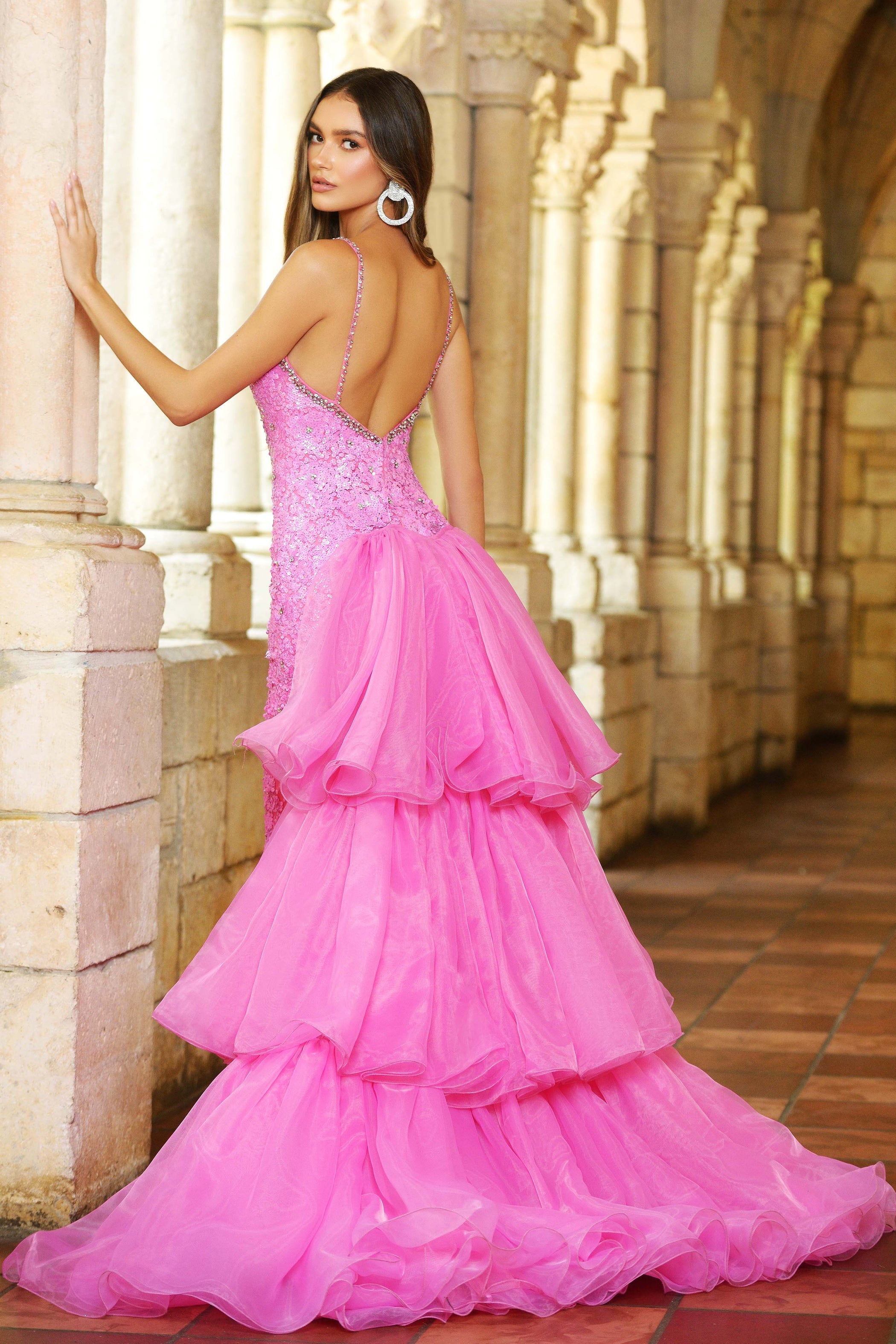Prom Dresses Formal Sequin Prom Long Tiered Back Panel Dress Hot Pink