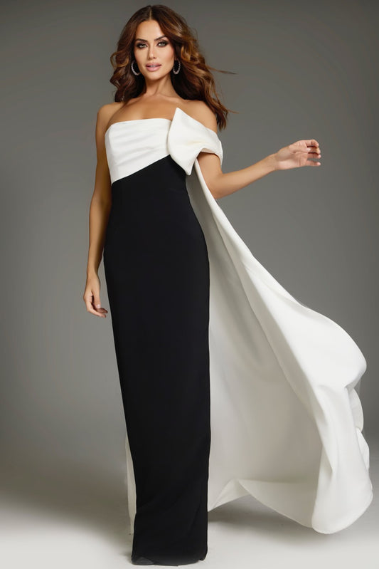 Formal Dresses Long Cape Sleeve Formal Fitted Evening Dress Black/White