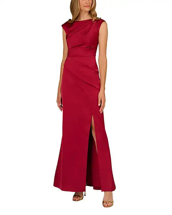 Matador Red Aidan Mattox MD1E209743 Bateau Floor-Length Satin Formal High Slit Gown