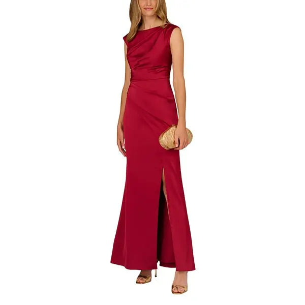 Matador Red Aidan Mattox MD1E209743 Bateau Floor-Length Satin Formal High Slit Gown