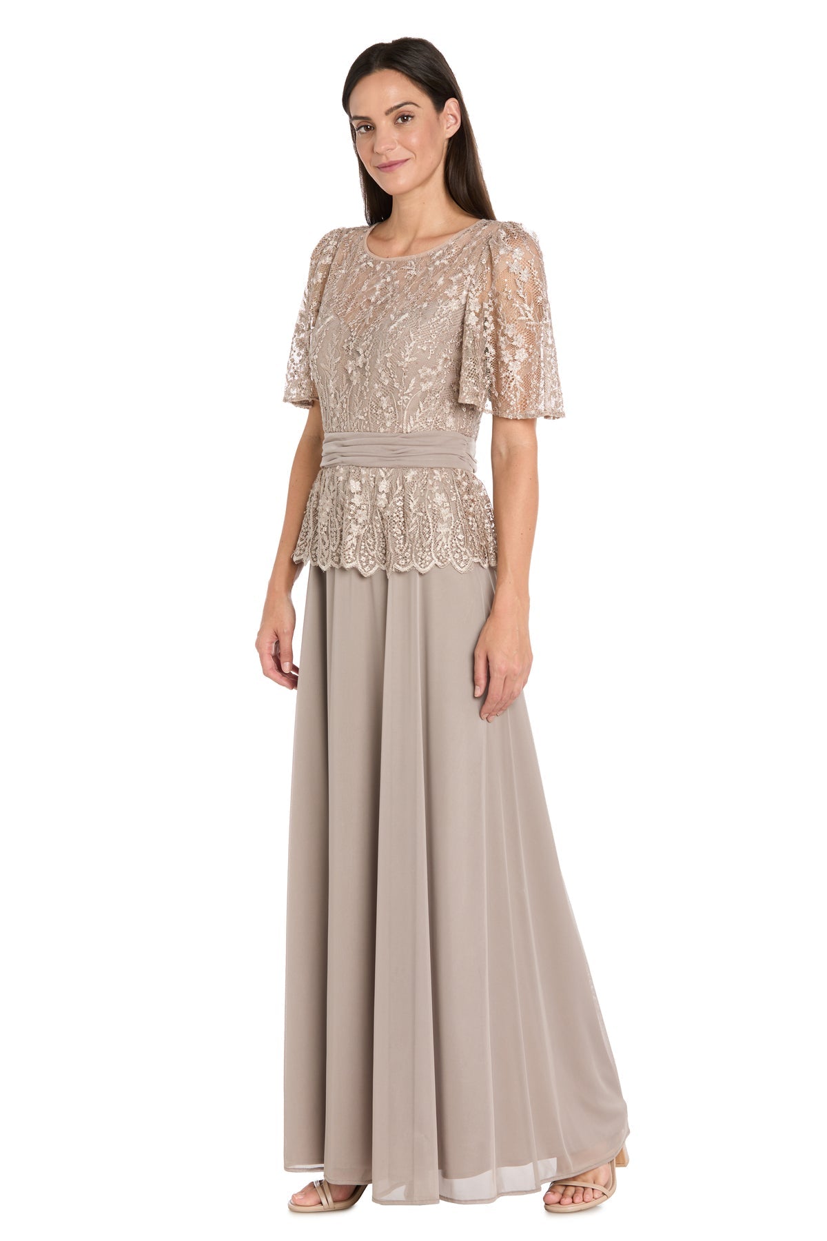 Round Neck Long Lace Mother of the Bride Dress by R&M Richards 3890P in Mocha