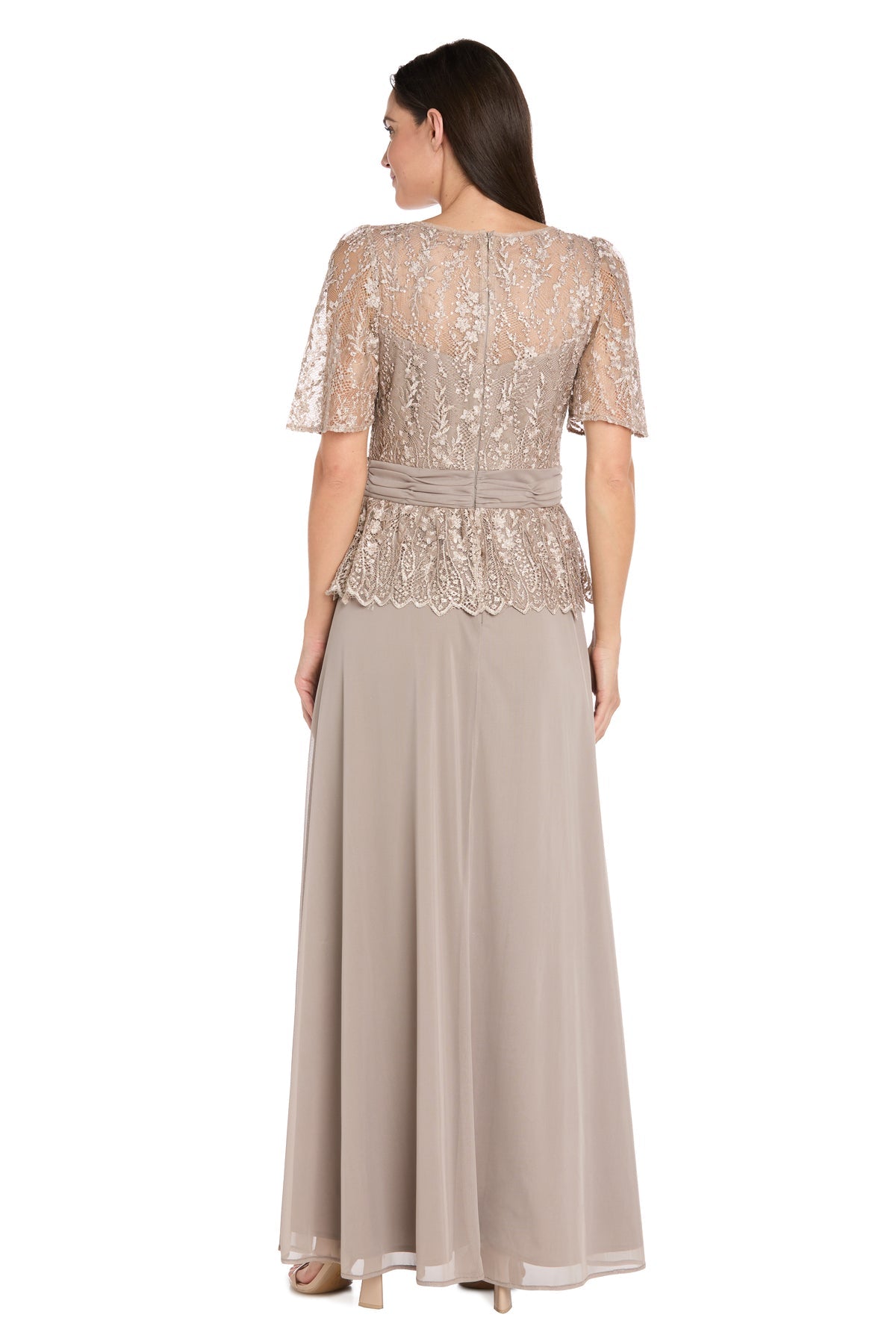 Round Neck Long Lace Mother of the Bride Dress by R&M Richards 3890P in Mocha
