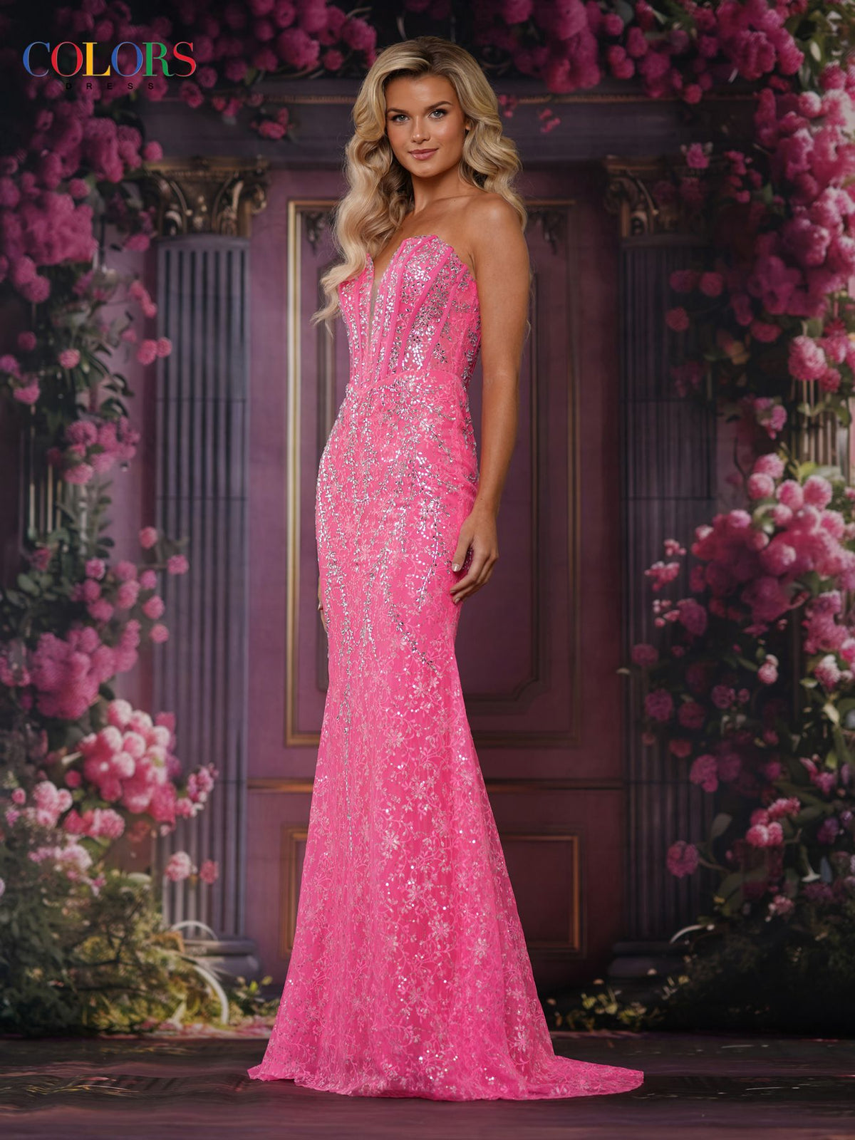 Colors 3894 Long Formal Fitted Corset Sequin Prom Dress