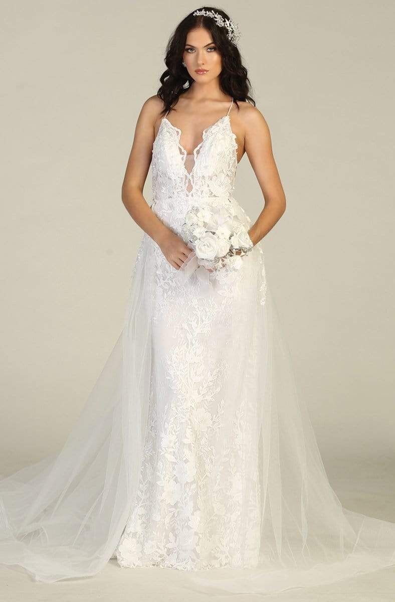 Ivory V-Neck Long Lace Sheath Bridal Dress Overskirt May Queen RQ7823
