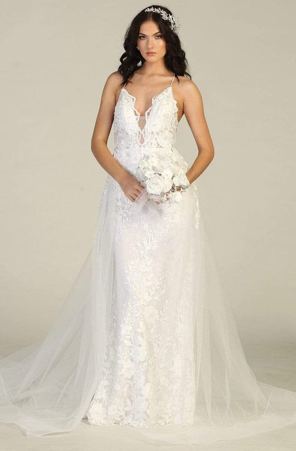 V-Neck Long Lace Sheath Bridal Dress Overskirt May Queen RQ7823