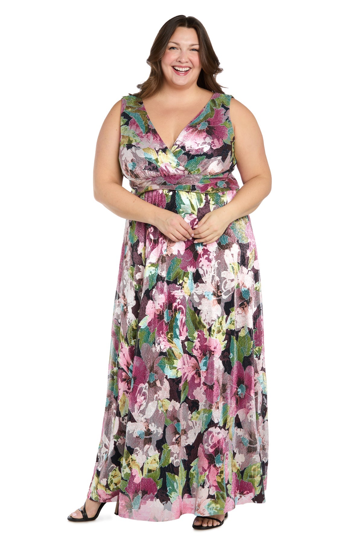 V-Neck Maxi Metallic Floral Dress by R&M Richards 3897W in Pink/Multi