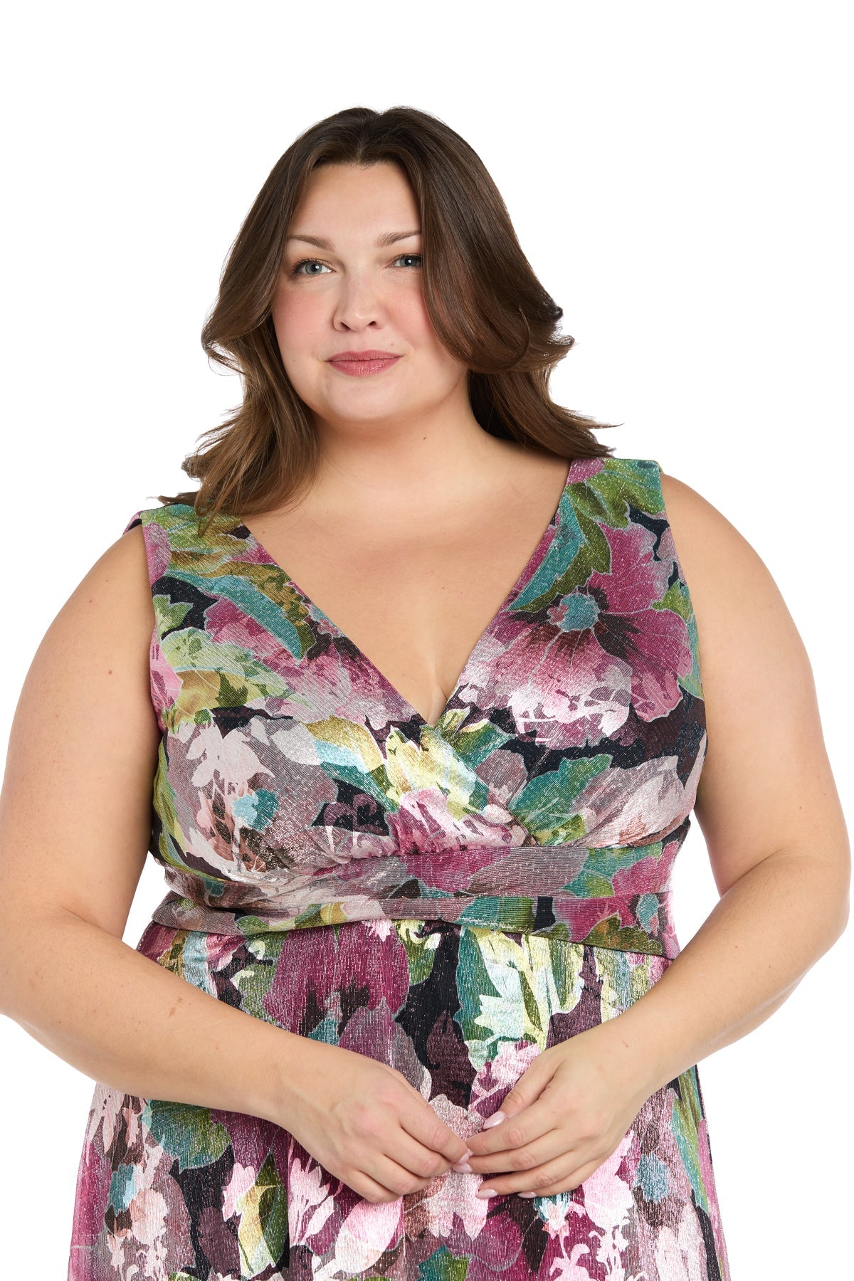 V-Neck Maxi Metallic Floral Dress by R&M Richards 3897W in Pink/Multi