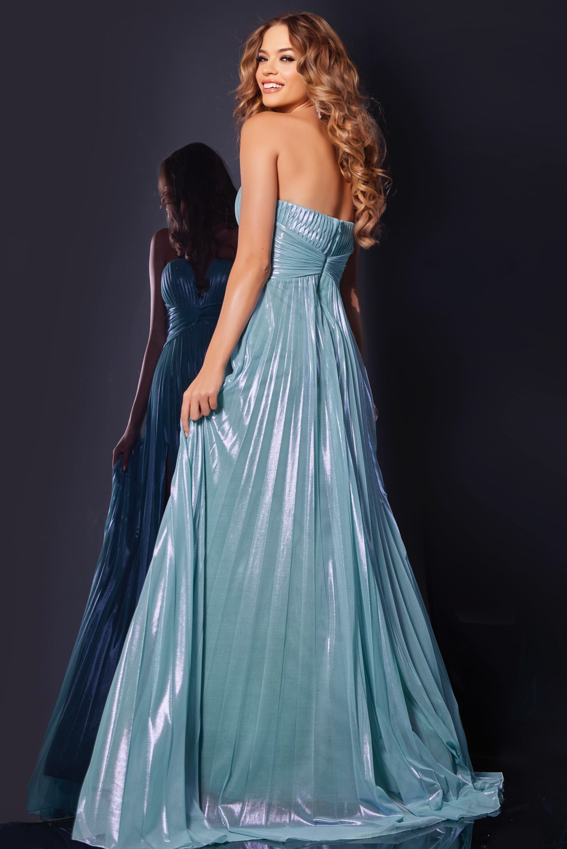 Mint Strapless Floor-Length Satin Prom Gown with High Slit Pleated Formal Dress Jovani 39023