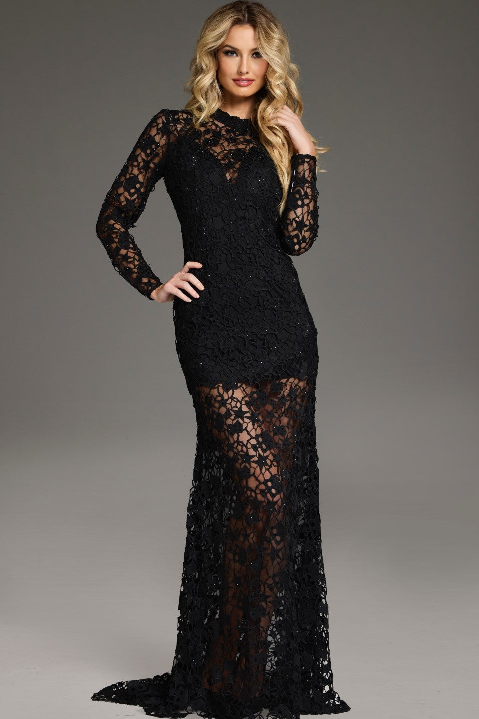 Formal Dresses Long Sleeve Formal Fitted Lace Evening Dress Black