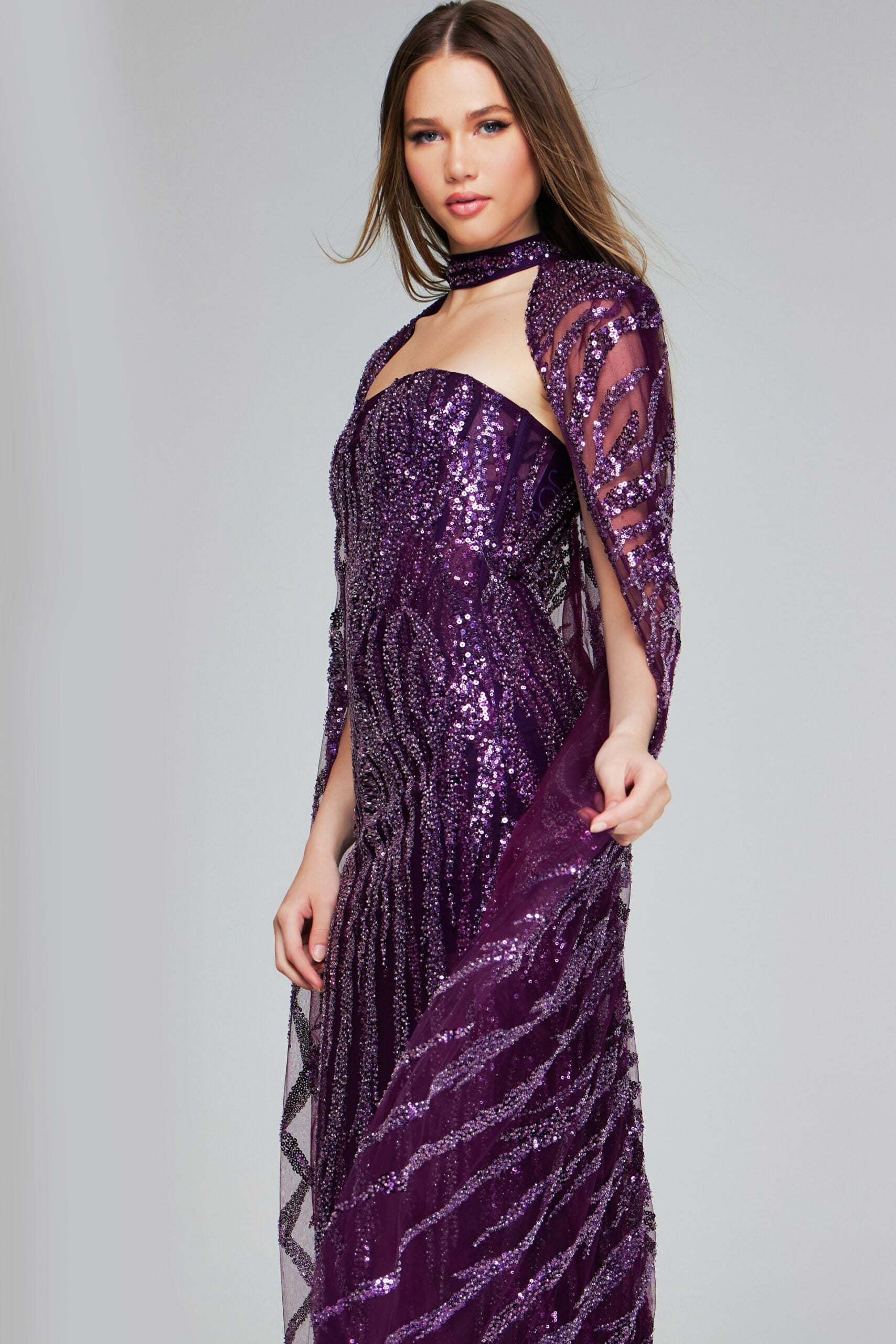 Jovani 39046 Long Mermaid Formal Sequin Cape Dress