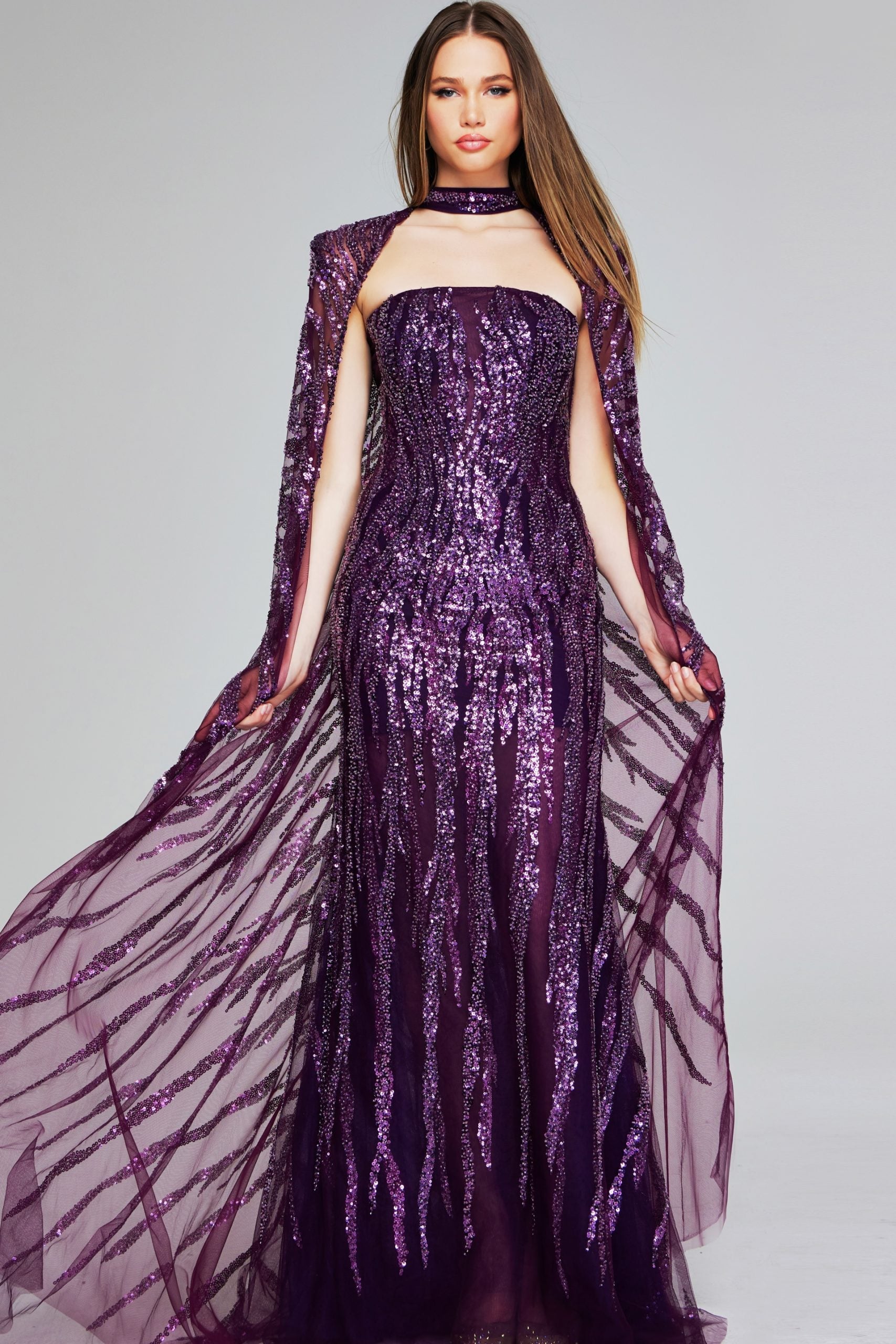 Formal Dresses Long Mermaid Formal Sequin Cape Dress Purple